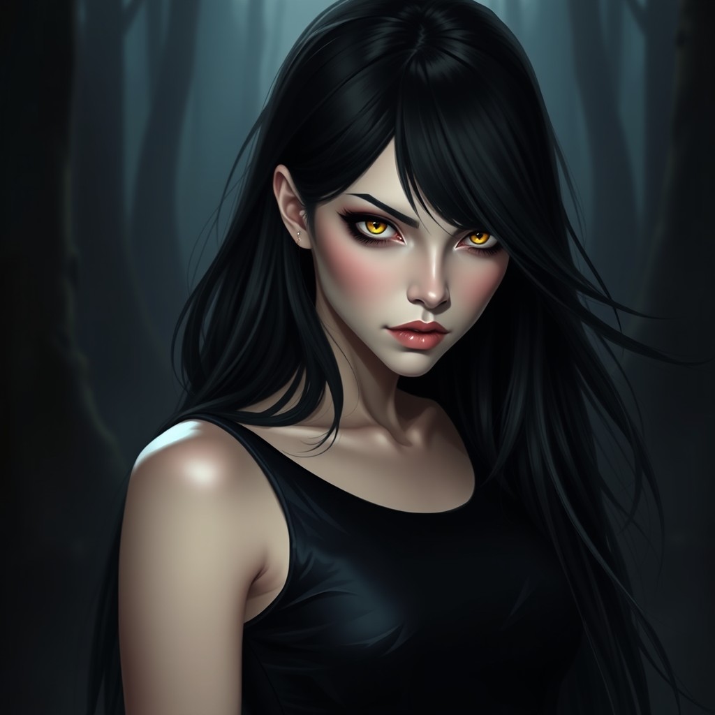 A female with long, flowing black hair that cascades elegantly around her shoulders, accentuating her sharp features