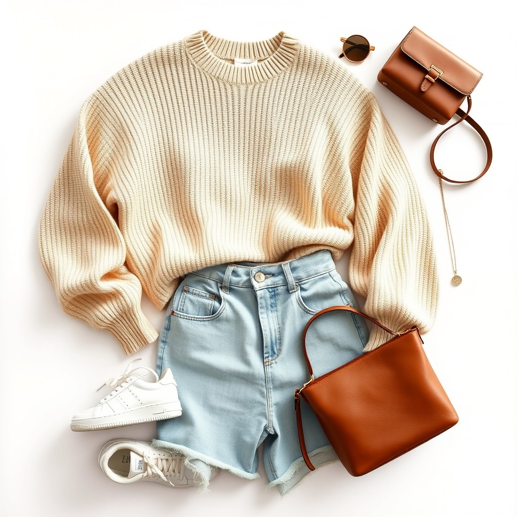 An aesthetically arranged outfit display consisting of a stylish combination of clothing items: a trendy oversized beige sweater, high-waisted light denim jeans, and a pair of chic white sneakers