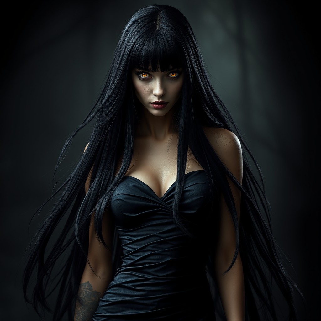 A female figure with long, flowing black hair that falls elegantly to her shoulders, framing her face in a dramatic way
