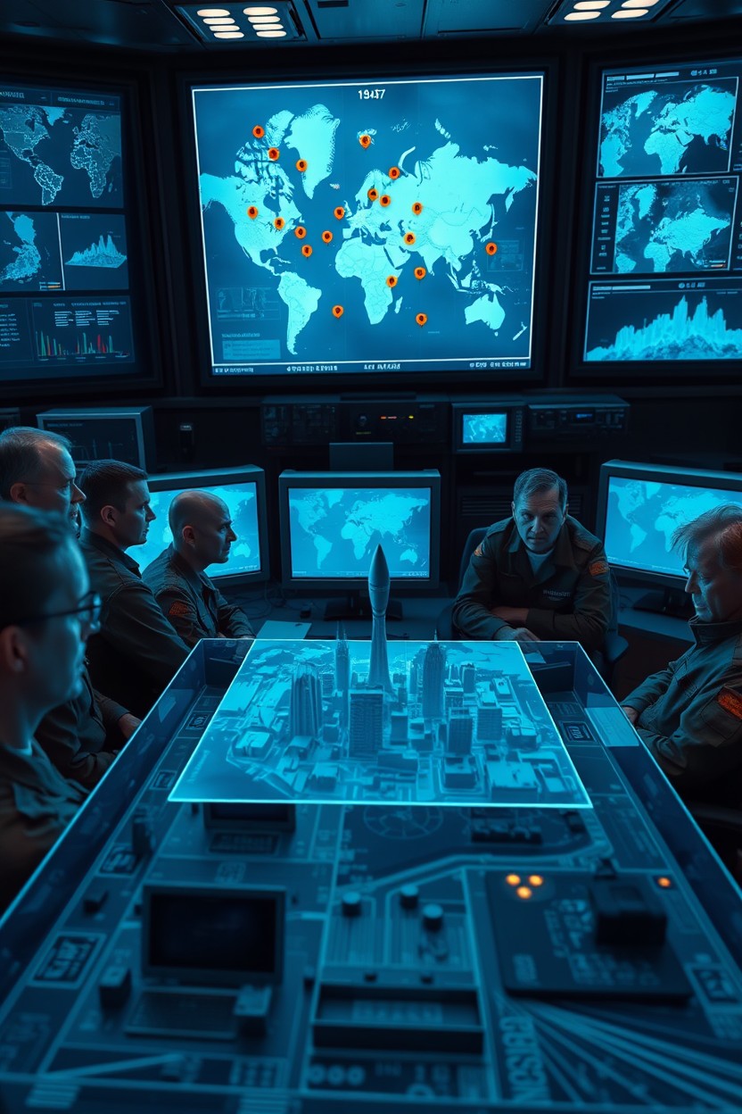 A dramatic and intense scene depicting a nuclear wargame scenario