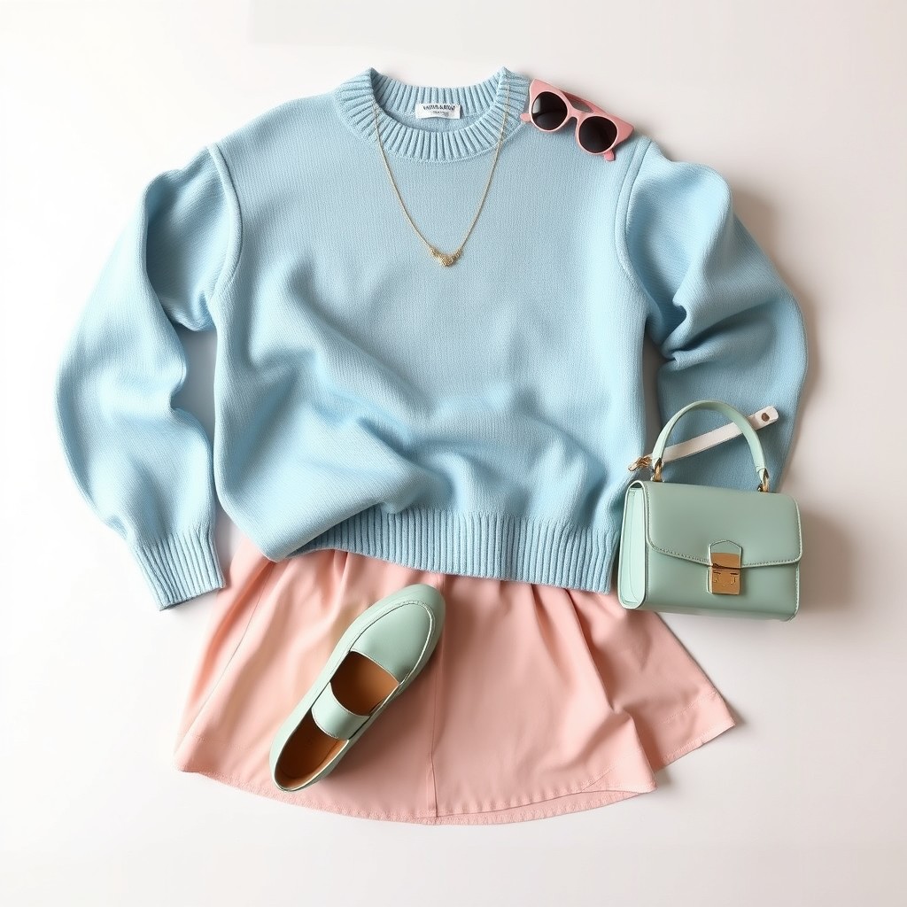 An aesthetic outfit flat lay on a plain white background, showcasing a variety of clothing items including a pastel blue oversized sweater, a soft pink midi skirt, and a pair of mint green loafers