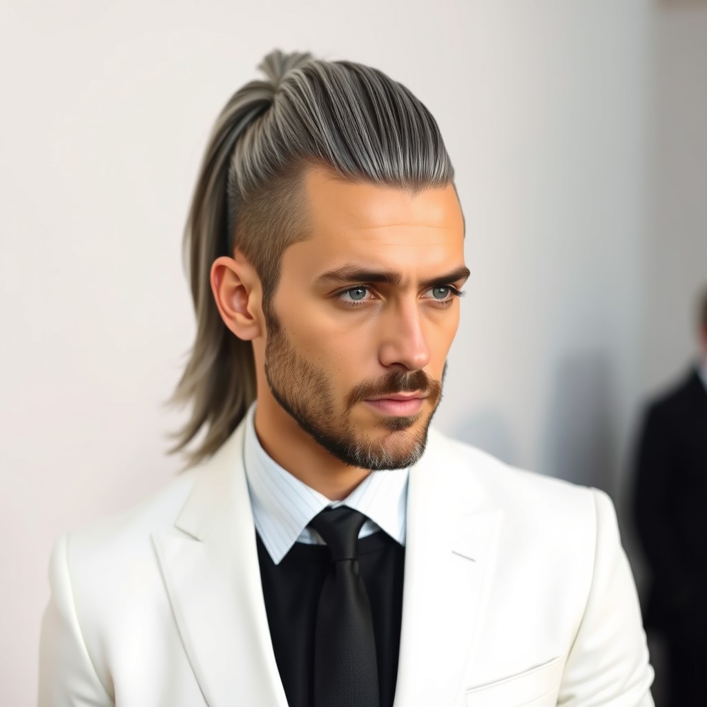 A male figure with a striking grey ponytail that flows smoothly down his back, complementing his distinguished appearance