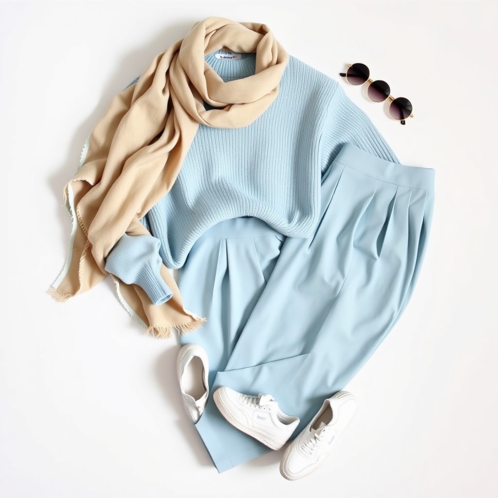 A high-quality aesthetic outfit inspiration featuring a collection of clothing items arranged harmoniously on a plain white background