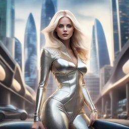 A photorealistic image of a beautiful blonde woman in a luxurious outfit, standing amidst the urban landscape of a futuristic city.