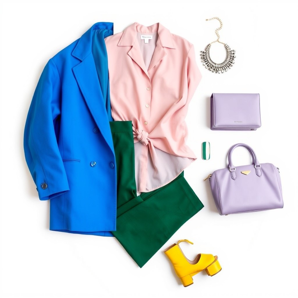 A stunning display of stylish clothing arranged aesthetically on a plain white background