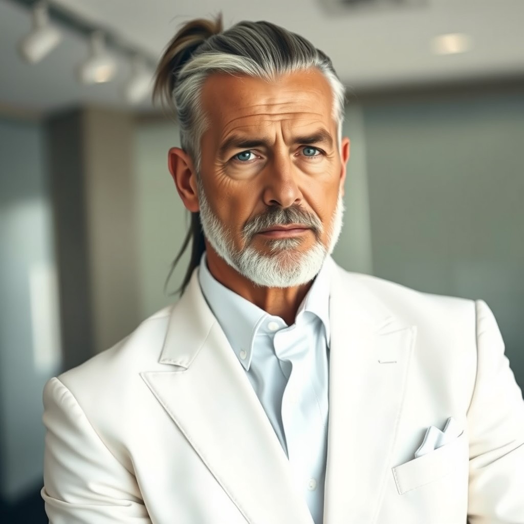 An older male figure characterized by his distinguished appearance, featuring a grey ponytail that elegantly flows back from his head