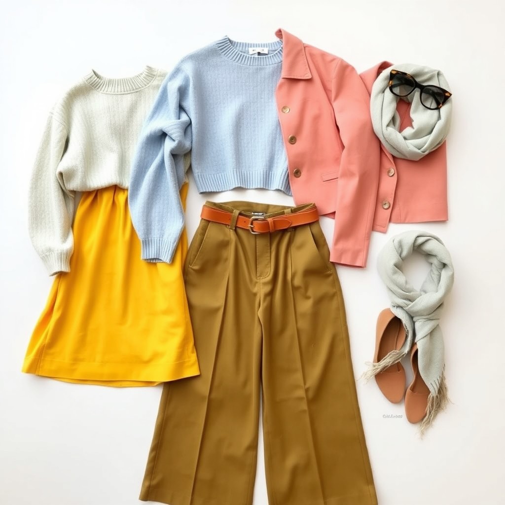 An aesthetic outfit inspiration display featuring a variety of fashionable clothing pieces arranged artistically on a plain white background