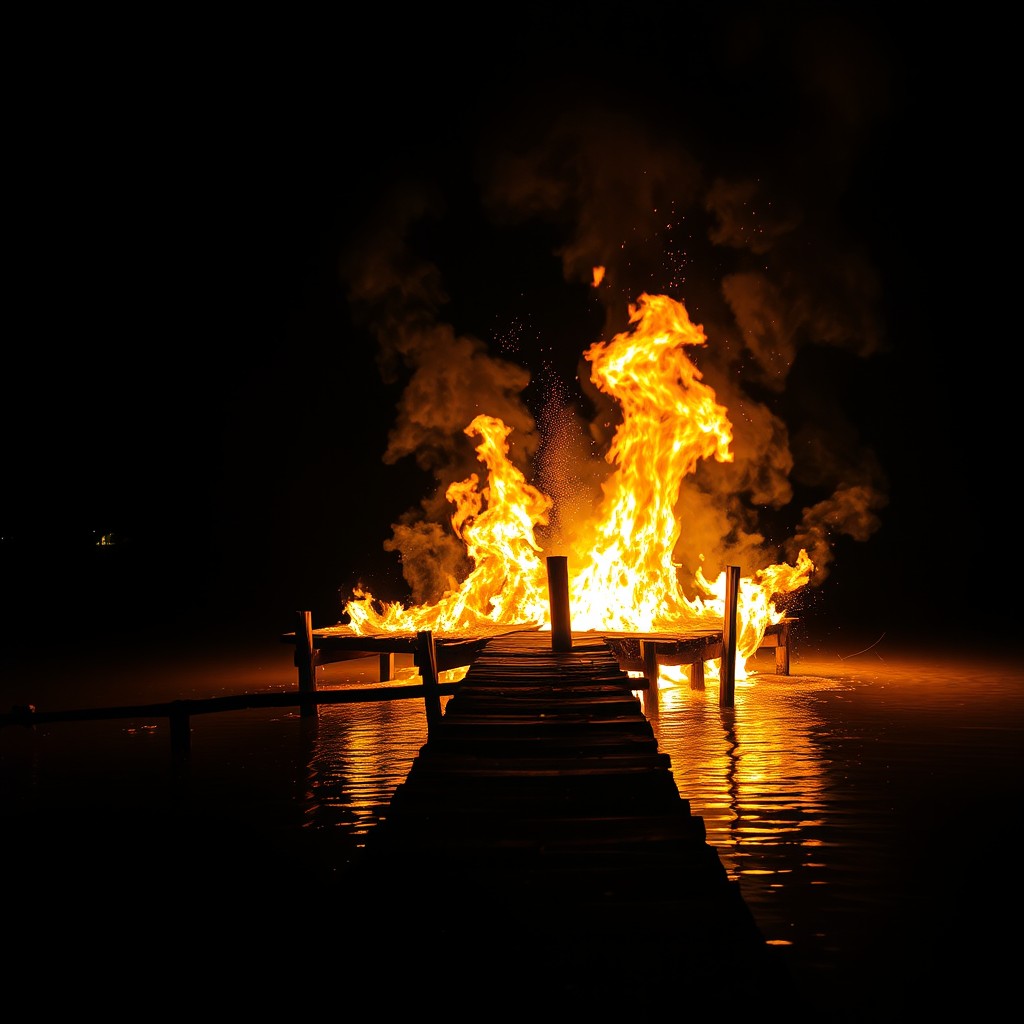 A dramatic scene of a wooden dock engulfed in flames, with bright orange and yellow fire contrasted against the dark night sky