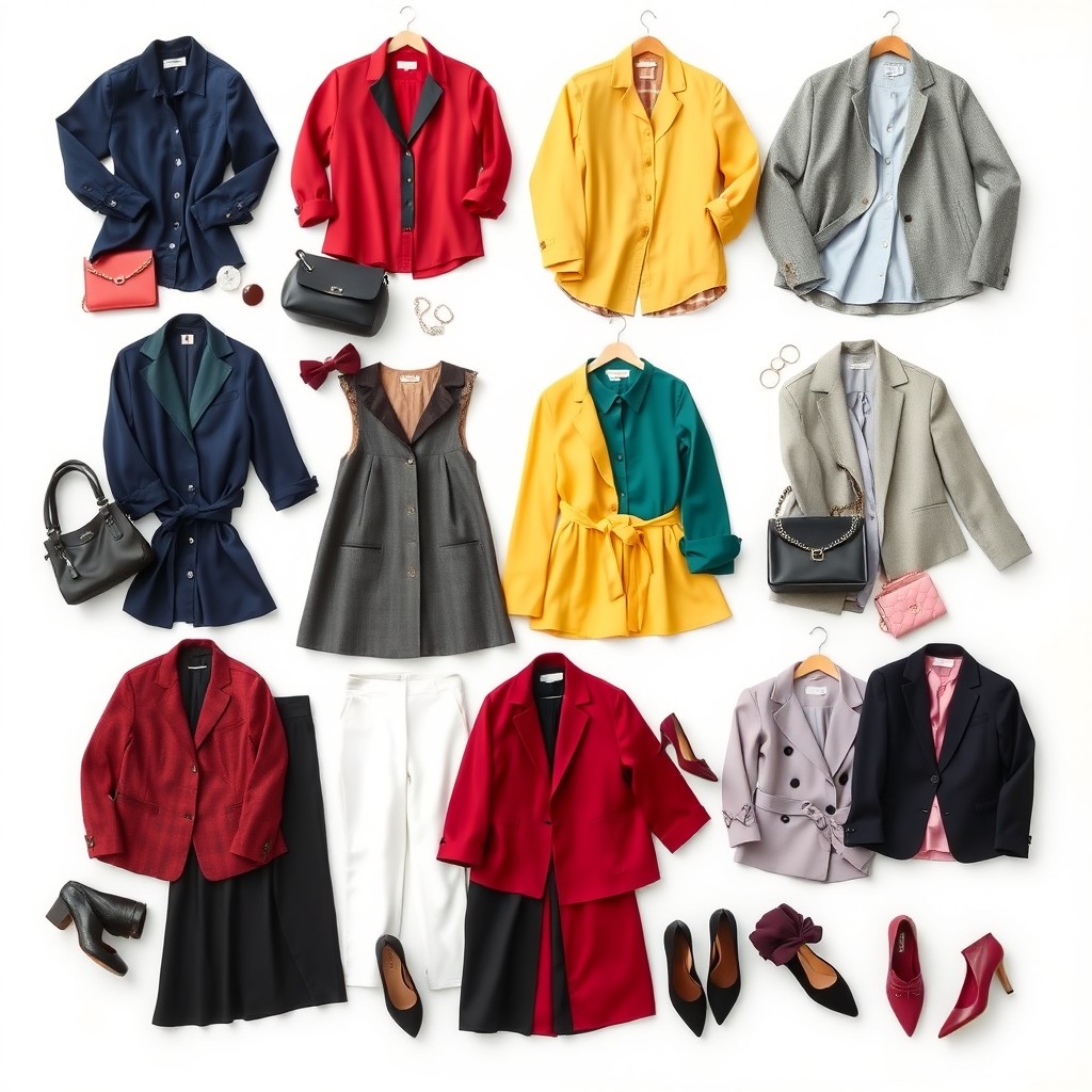 A high-quality aesthetic outfit inspiration display featuring an arrangement of clothes on a plain white background