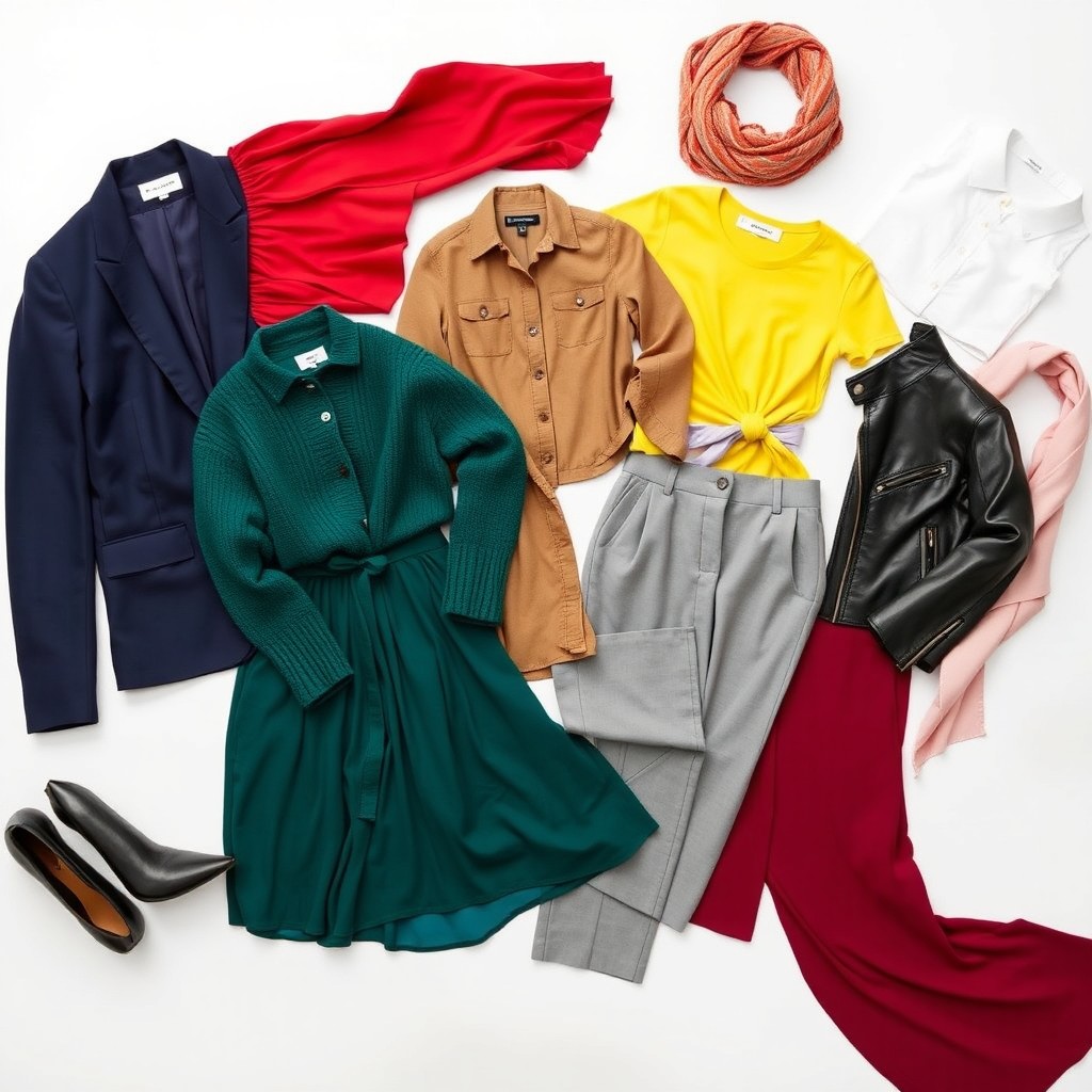 A meticulously arranged aesthetic outfit inspiration display featuring a variety of clothing items laid out on a plain white background