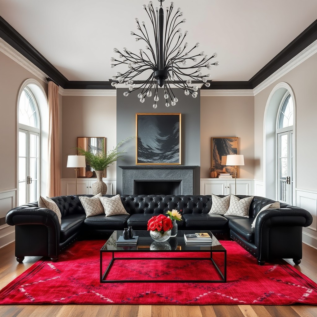 A beautifully styled living room featuring a luxurious black Chesterfield sofa accented with plush cushions, paired with a vibrant red hand-woven rug that adds warmth and texture to the space