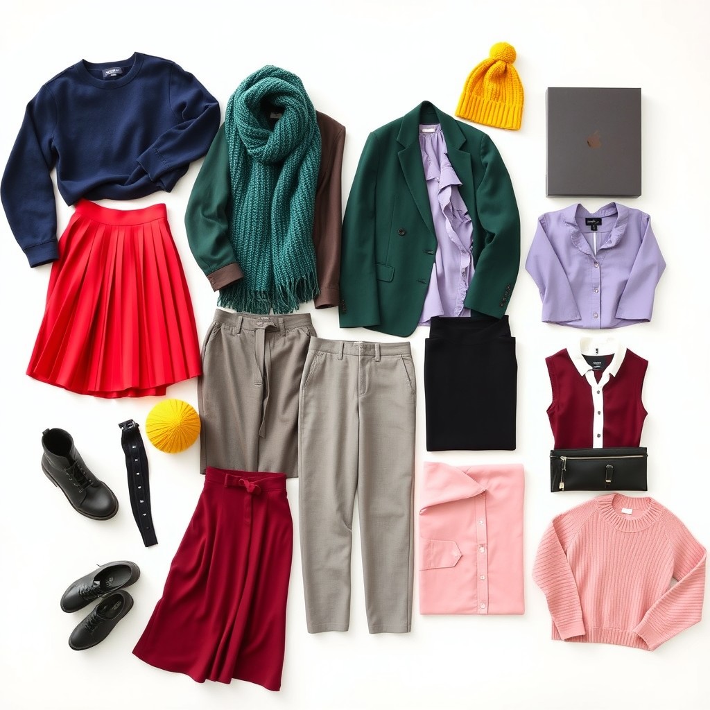 Aesthetic outfit inspiration laid out on a plain white background, showcasing a variety of clothing items in different colors that complement each other beautifully