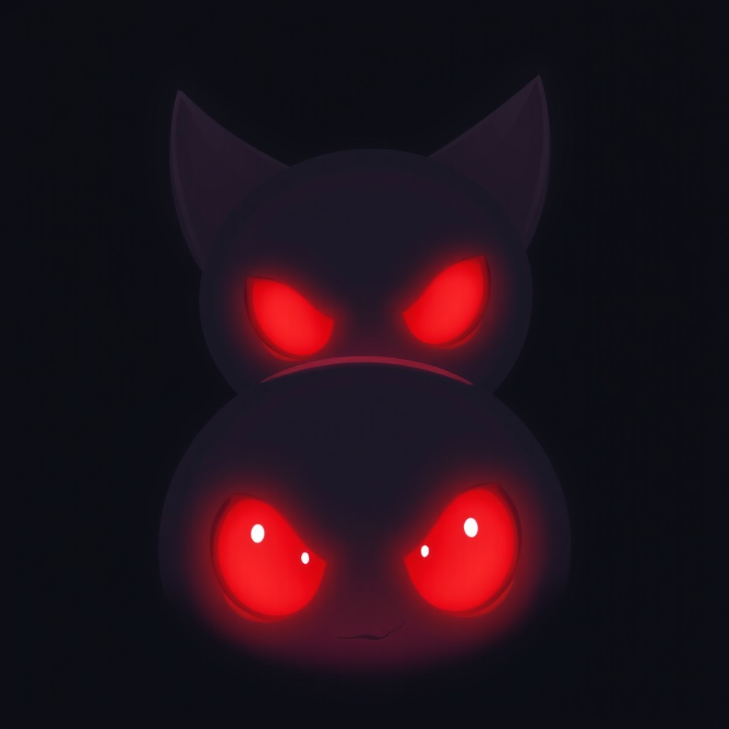 A cartoon-style image featuring two bright red eyes glowing in the darkness