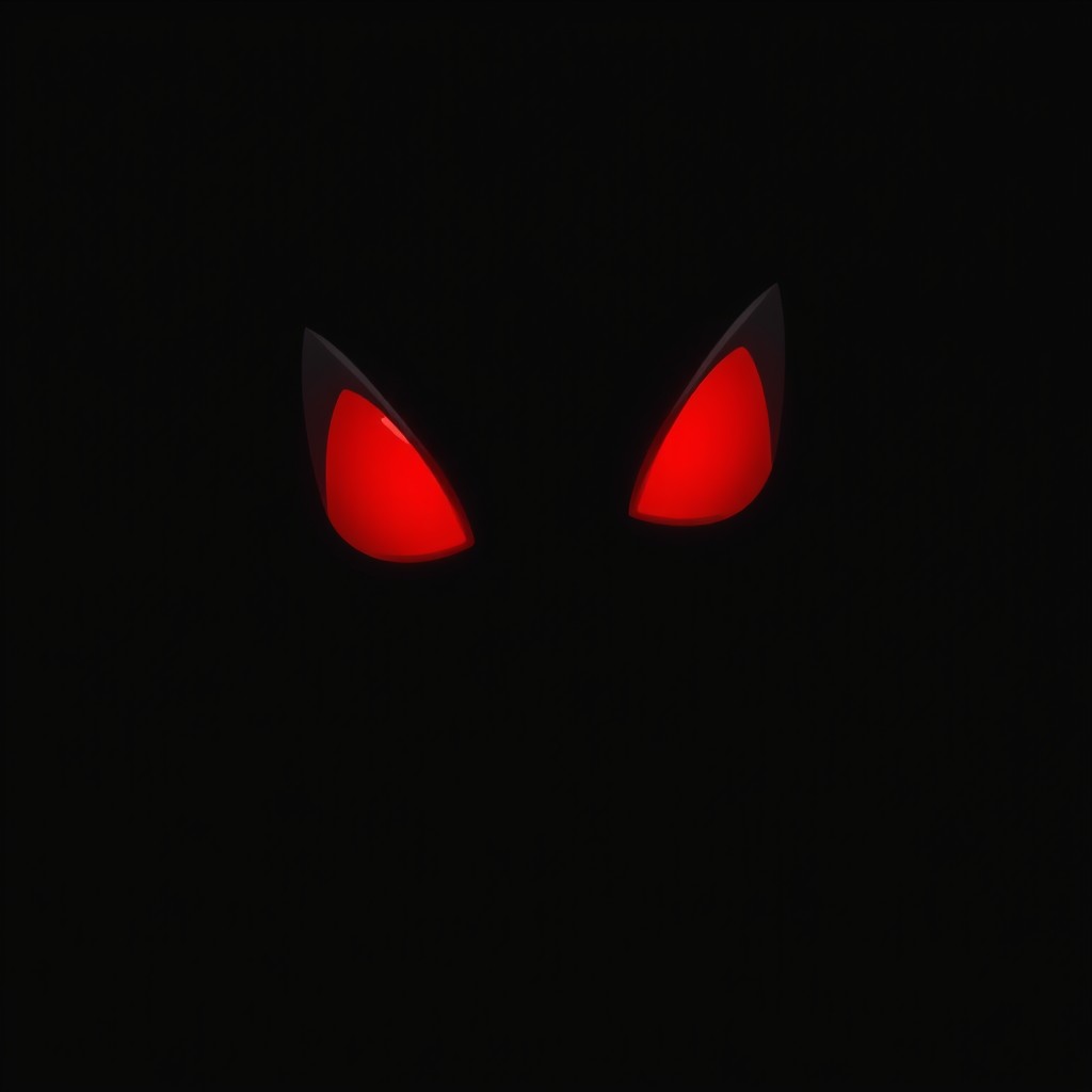 A cartoon-style image featuring two sharp, pointed red eyes glowing in the darkness