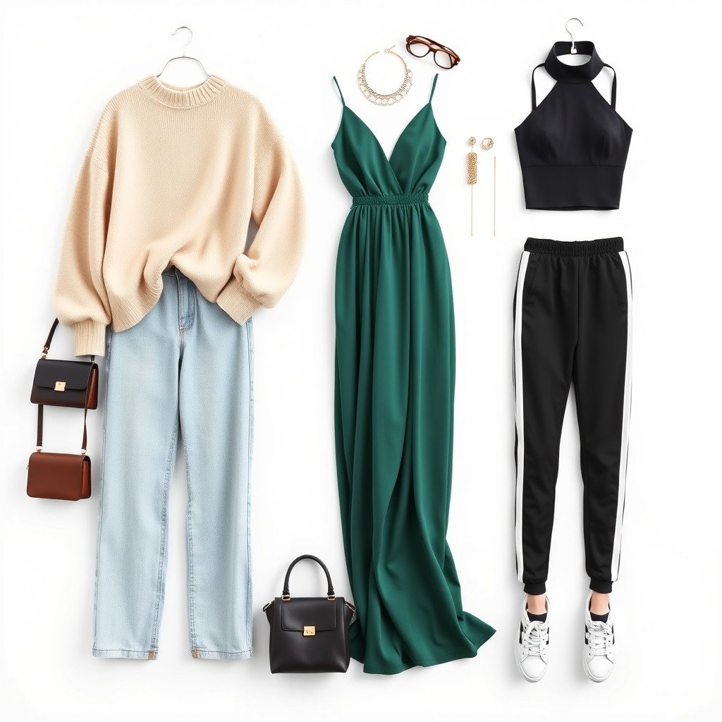 A collection of high-quality aesthetic outfits displayed against a plain white background
