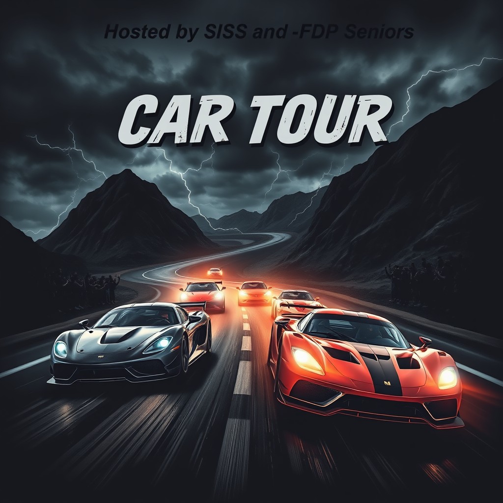 A dramatic and intense car tour poster capturing a thrilling racing atmosphere, featuring sleek racing cars in motion, dark stormy skies, and an eerie ambiance