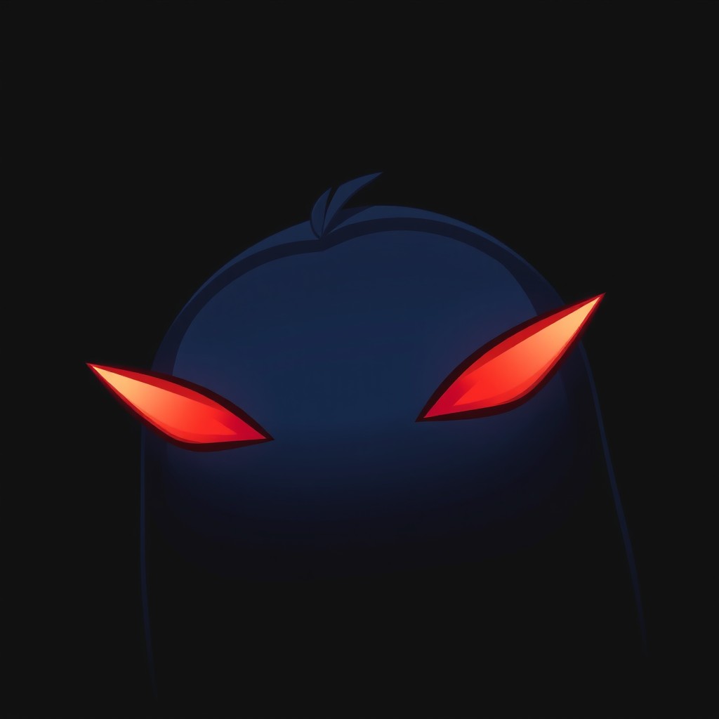 A cartoon-style image featuring two sharp, pointed red eyes glowing in the darkness