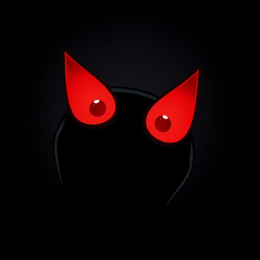A cartoon-style image featuring two large, sharp, pointed red eyes glowing in the darkness, positioned slightly further back in the dark background