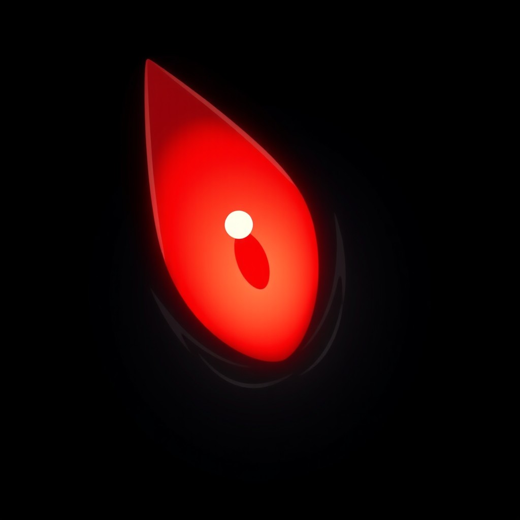 A cartoon-style image featuring a single large, sharp, pointed red eye glowing in the darkness