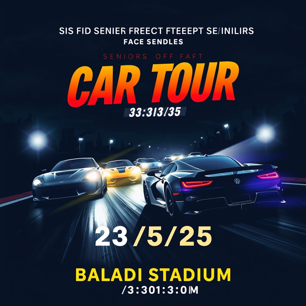 A dark-themed car tour poster featuring a thrilling car race hosted by SIS and FDP seniors