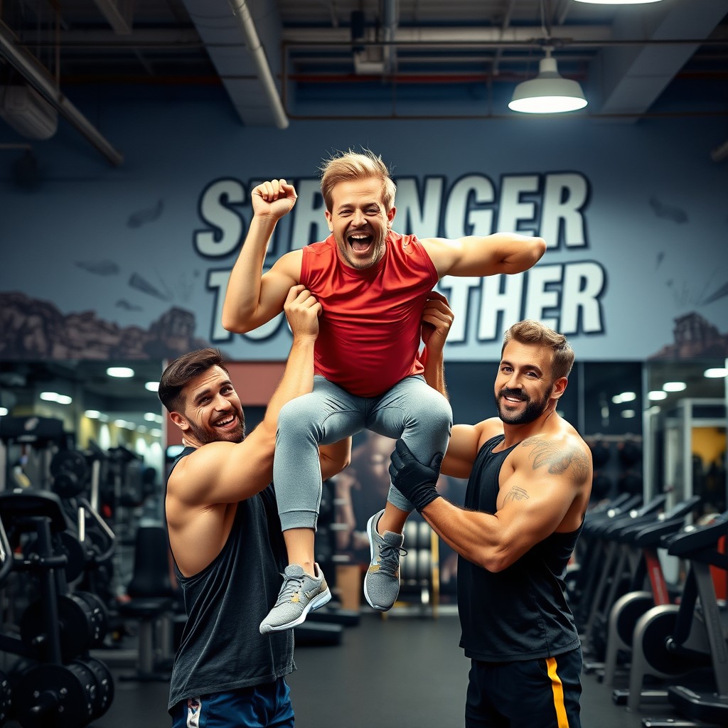 A vibrant and energetic gym scene where a person is being held up by two muscular men, showcasing teamwork and encouragement