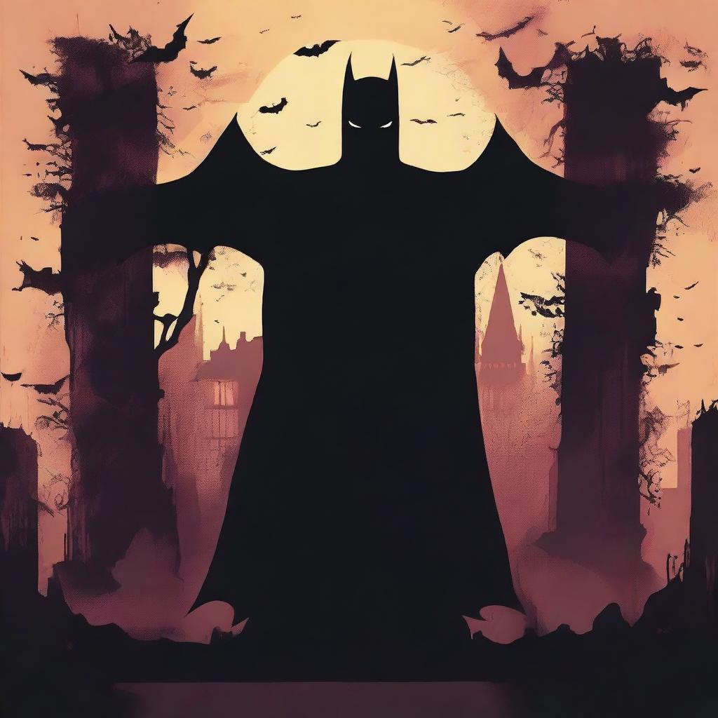 A haunting Batman logo, enveloped in eerie shadows and chilling horror-themed elements.