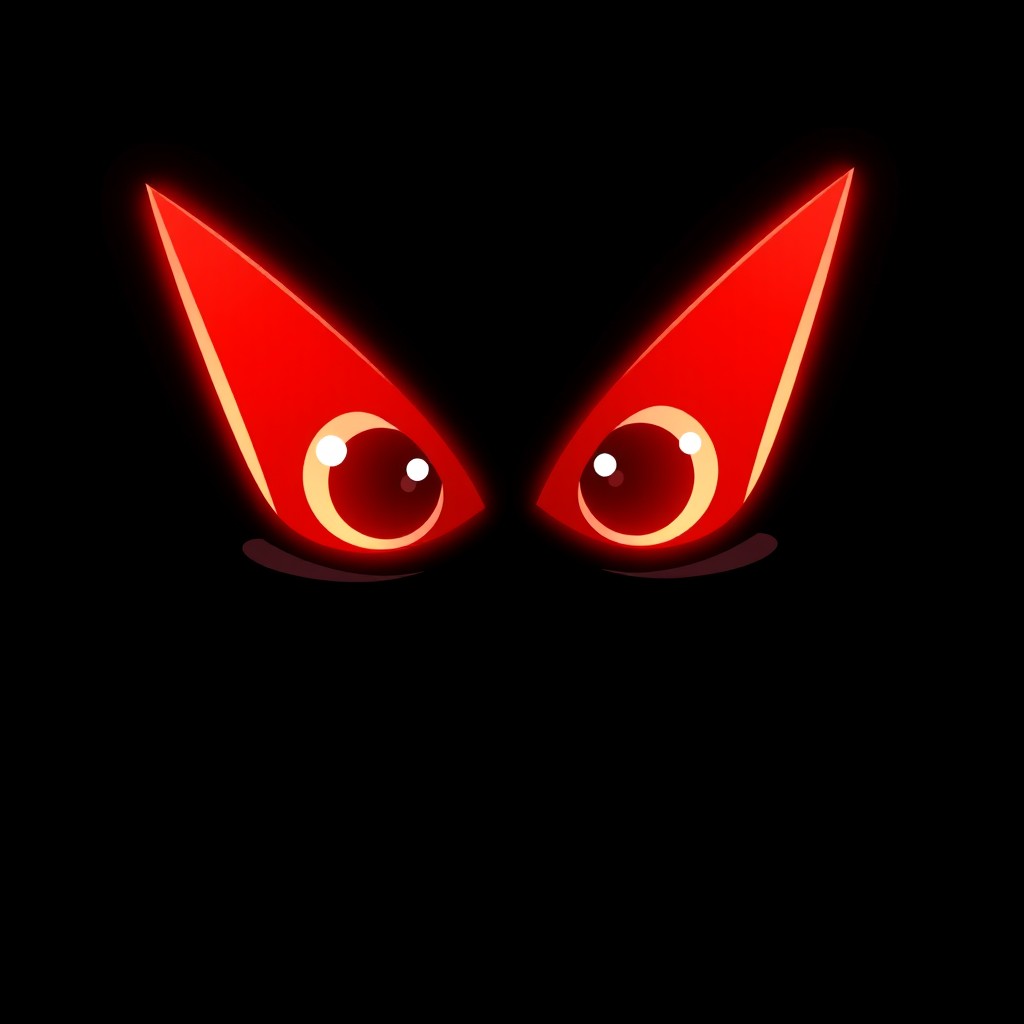 A cartoon-style image featuring two sharp, pointed red eyes glowing brightly in a completely dark background