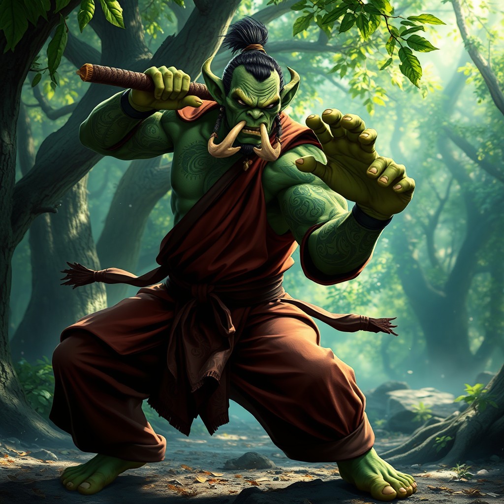 An orc monk character in a dramatic martial arts pose, performing the Mūhai Tai stance, showcasing their muscular build and detailed tribal tattoos