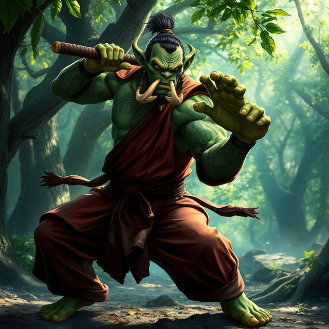An orc monk character in a dramatic martial arts pose, performing the Mūhai Tai stance, showcasing their muscular build and detailed tribal tattoos