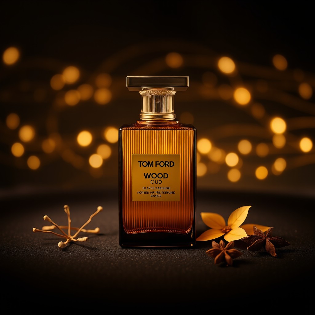 A luxurious black background adorned with subtle golden touches, featuring the Tom Ford Wood Oud perfume bottle prominently in the center