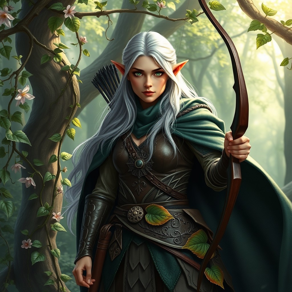 A stunning high elf ranger adventurer standing majestically in an enchanted forest