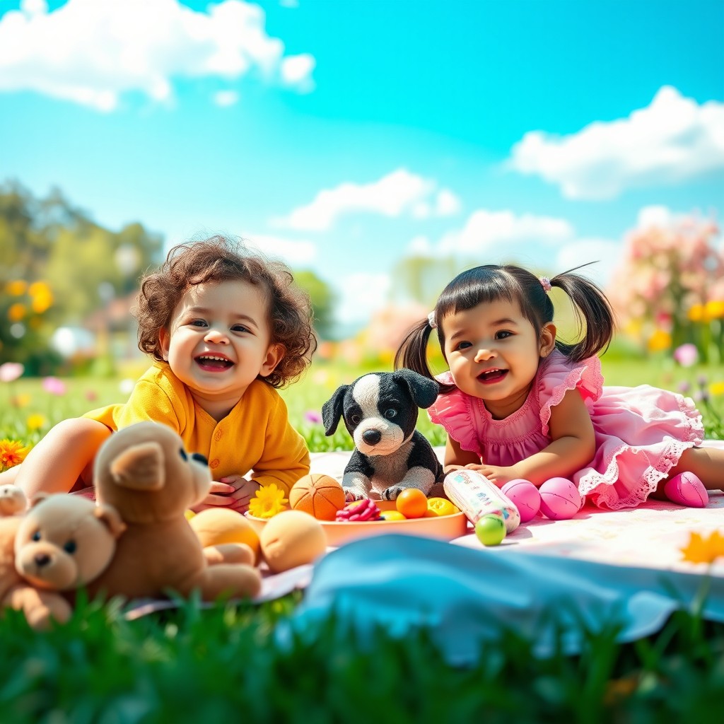 A whimsical scene featuring two adorable toddlers playing in a sunny park, surrounded by colorful toys and bright flowers