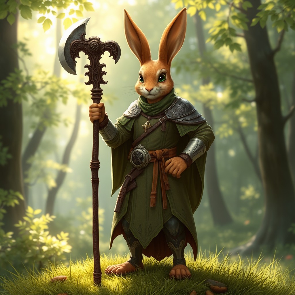 A harengon cleric, characterized by humanoid rabbit features, standing confidently while gripping a beautifully crafted mace