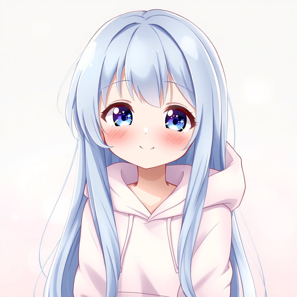 A cute anime girl with long, silky hair, wearing a soft pastel hoodie and smiling softly