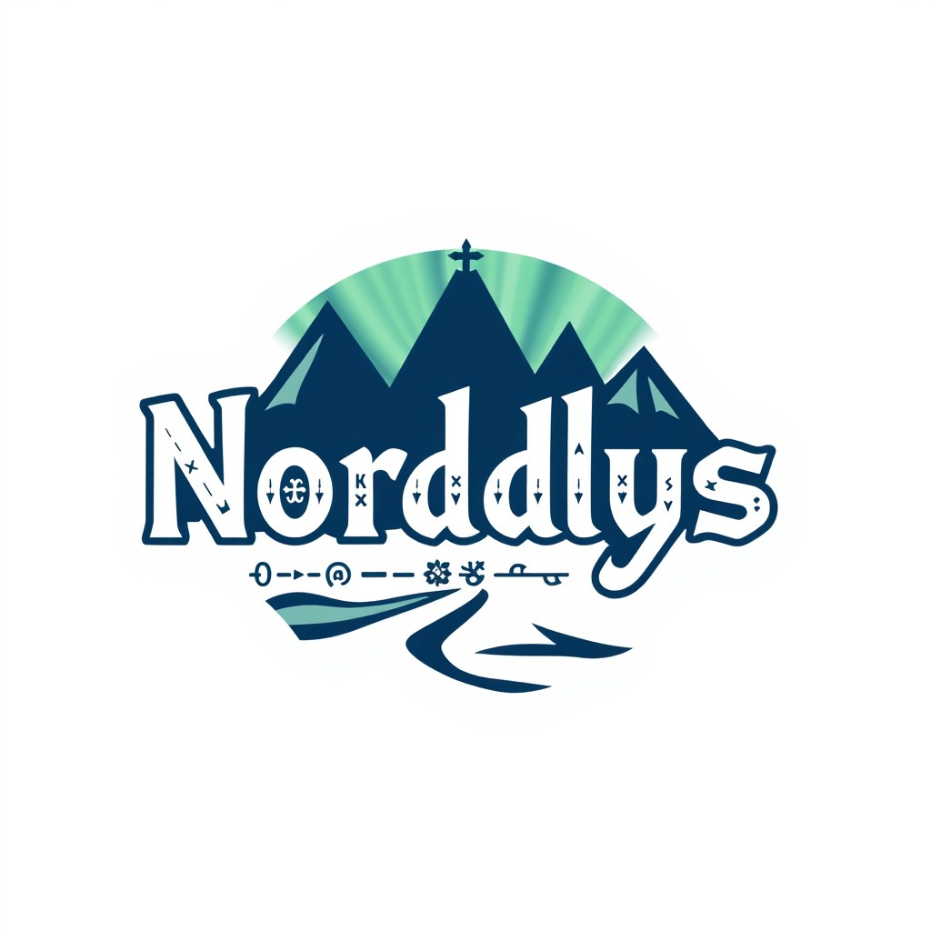 A logo design featuring the name 'Nordlys' prominently displayed in a stylized font, inspired by Viking runes