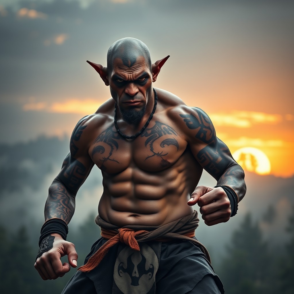 An imposing Orc monk in a dynamic Muay Thai stance, showcasing powerful muscles and intricate tribal tattoos across their skin