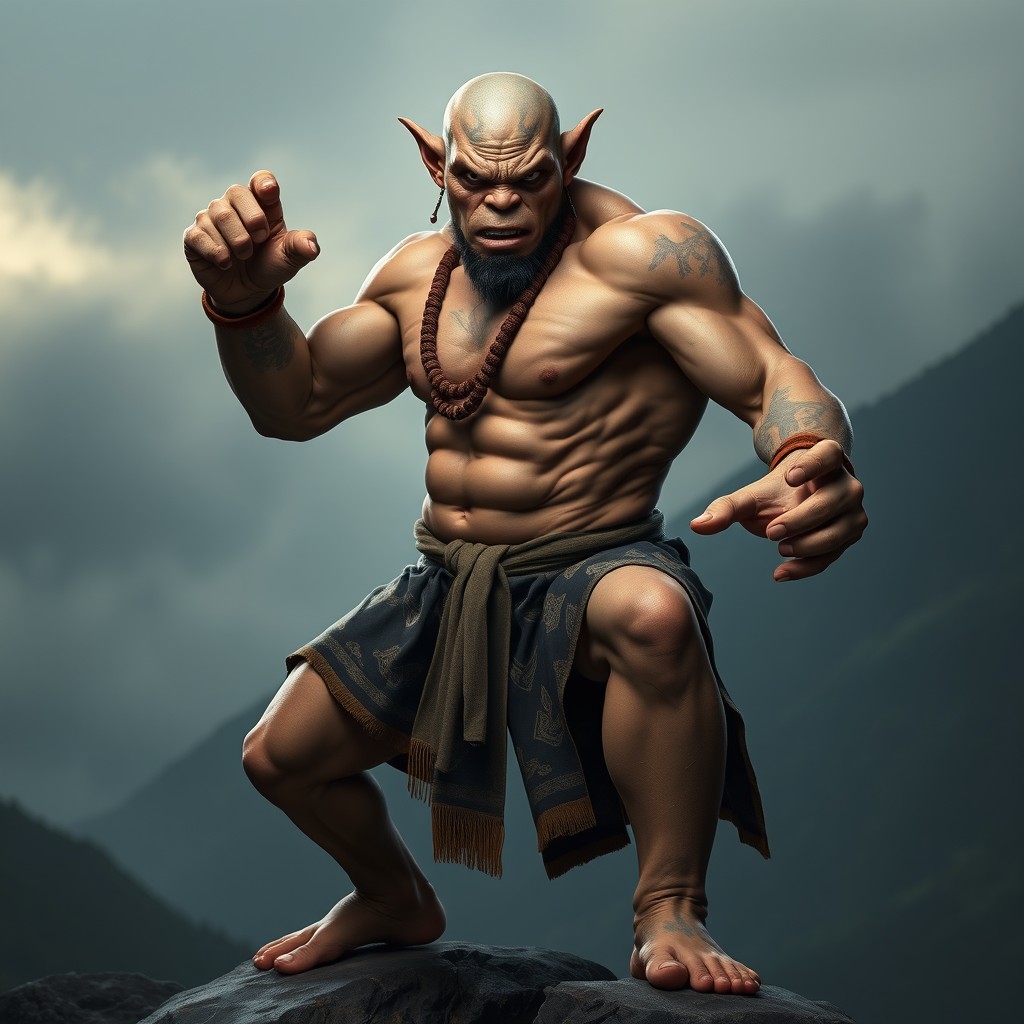 A powerful Orc monk depicted in an intense Muay Thai stance, showcasing their muscular build and determined expression