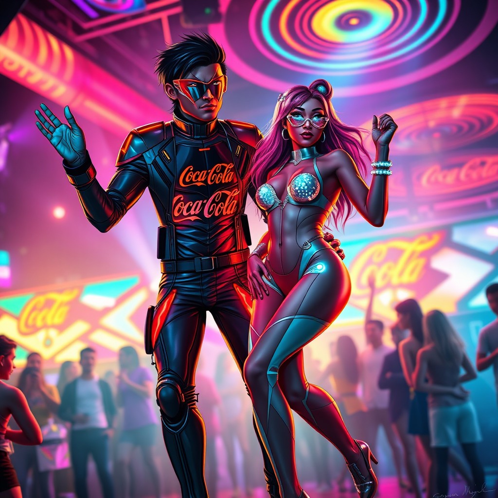 A vibrant techno rave scene featuring two characters in futuristic Coca-Cola superhero cosplay