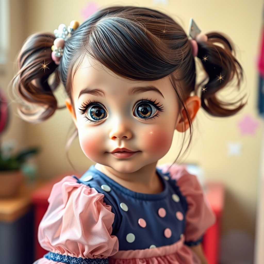 A cute girl with stylish hair that shines and sparkles, featuring expressive and big sparkling eyes