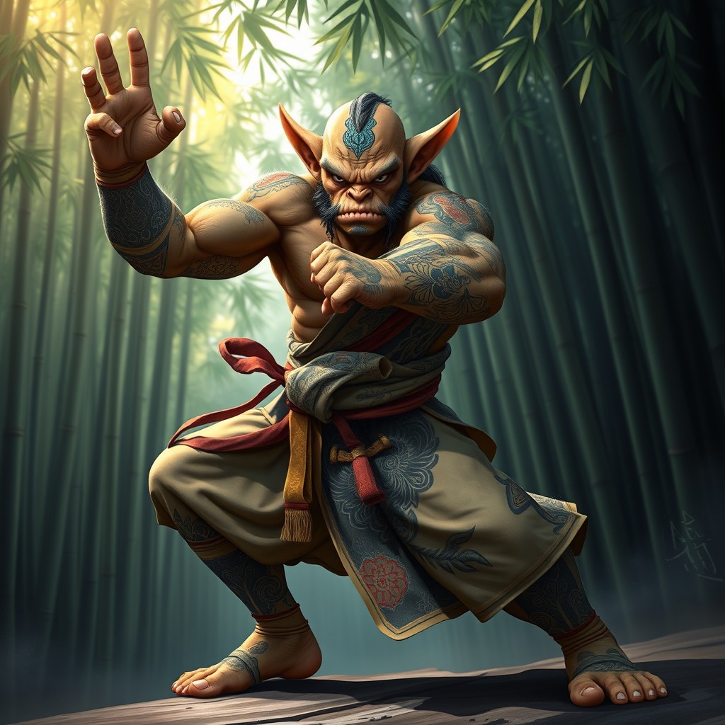 A fierce ork monk striking a dynamic tai stance, showcasing muscular physique and intricate tribal tattoos