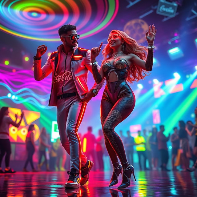 A vibrant techno rave scene featuring two characters in futuristic Coca-Cola superhero cosplay