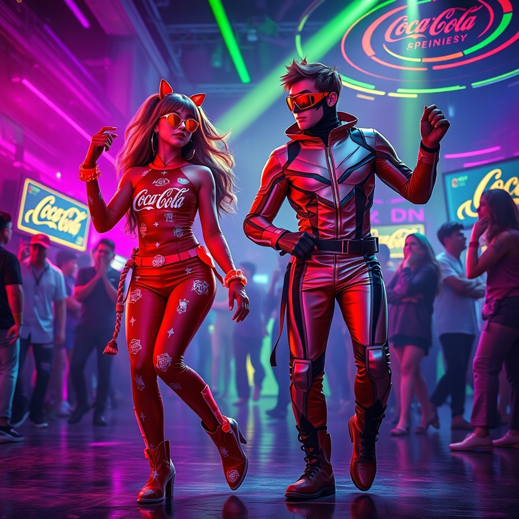 A lively techno rave scene featuring two characters in striking Coca-Cola superhero cosplay