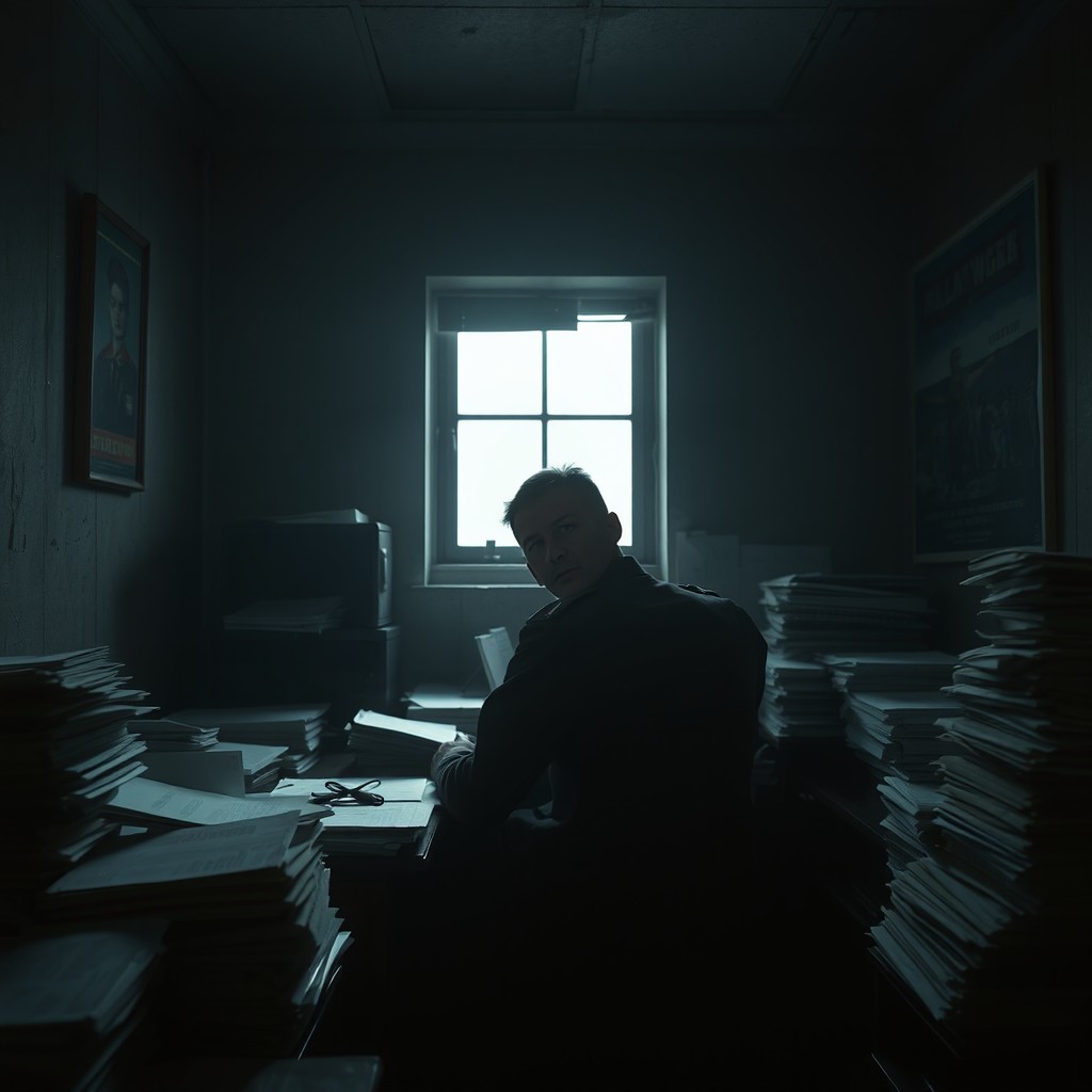 A distant view of a soldier in uniform at a desk, holding a weary posture, surrounded by stacks of paperwork