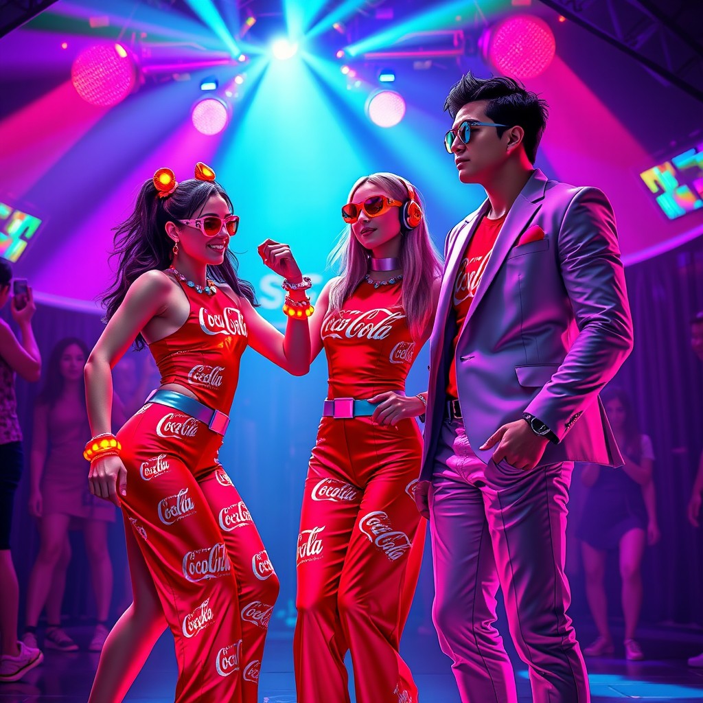 A dynamic techno rave scene featuring two characters in Coca-Cola superhero cosplay, embodying a mega cola style