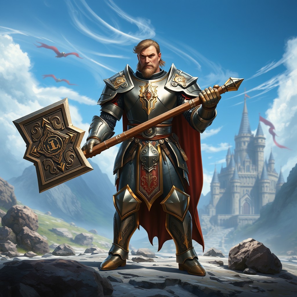 A heroic male paladin clad in shining armor, standing confidently in a majestic fantasy landscape