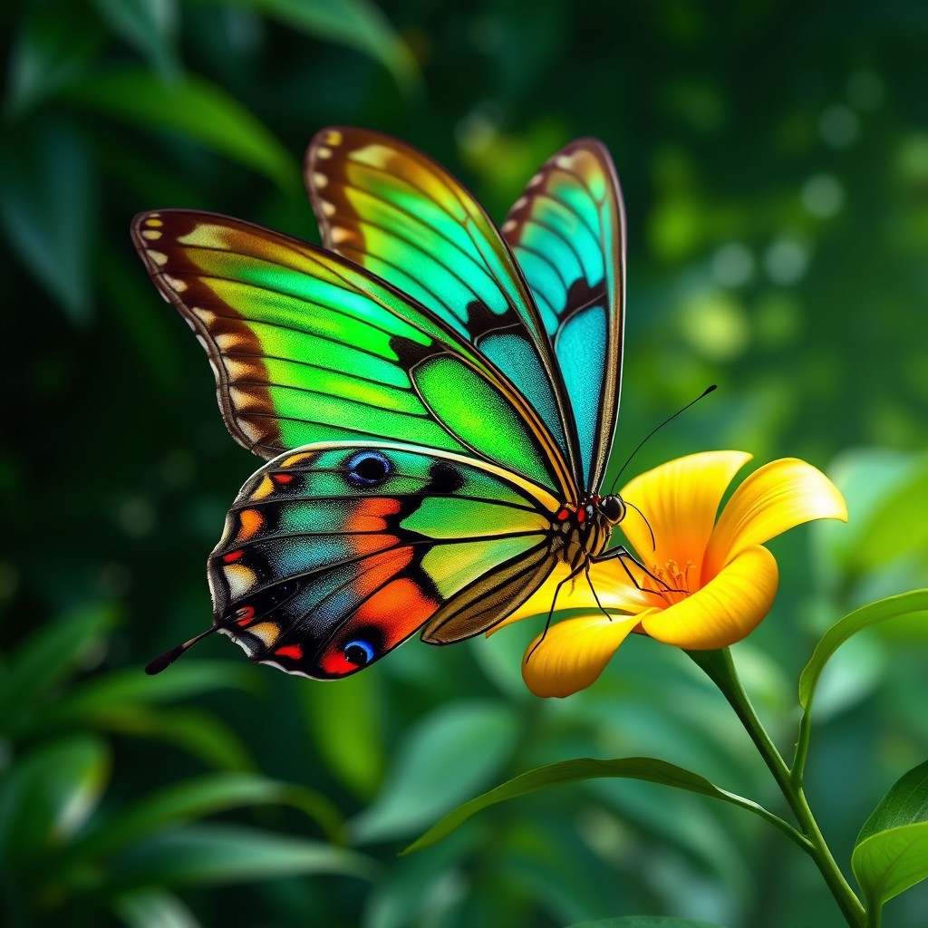 A portrait of a beautiful tropical butterfly, specifically the Mariposa piper, displaying vibrant colors and intricate patterns on its wings