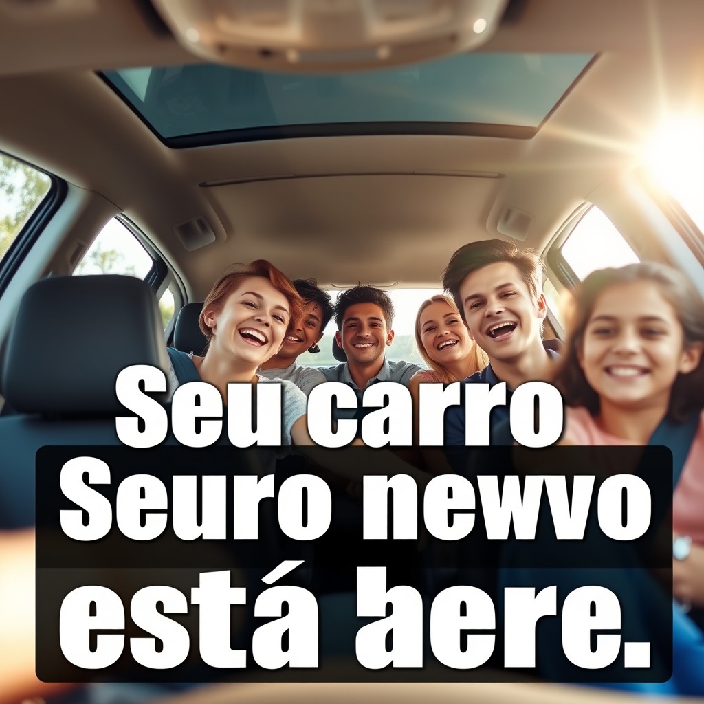 A photorealistic wide image (1920x790 px) showcasing a happy family inside a modern car, viewed from the front seats looking towards the back