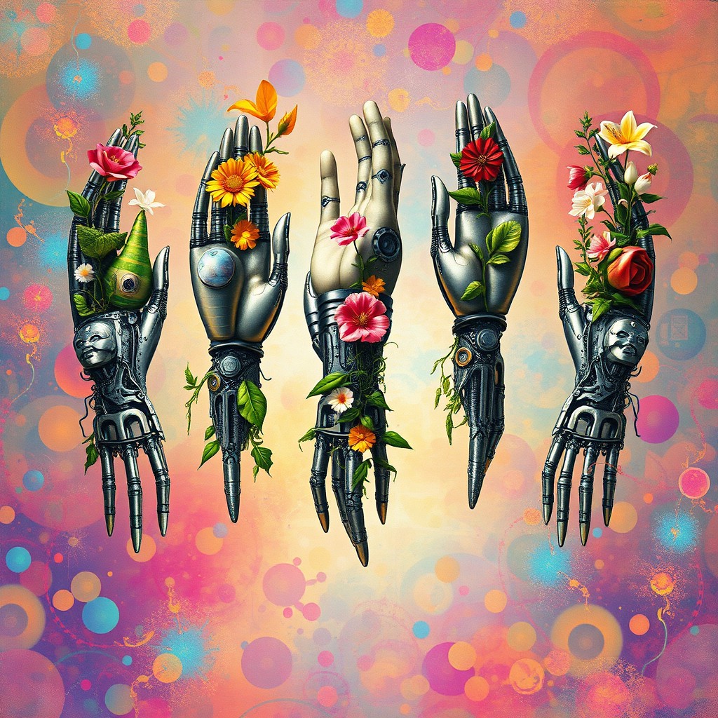 A captivating surrealistic artwork featuring five mechanical hands intricately fused with elements of nature, such as flowers, vines, and leaves