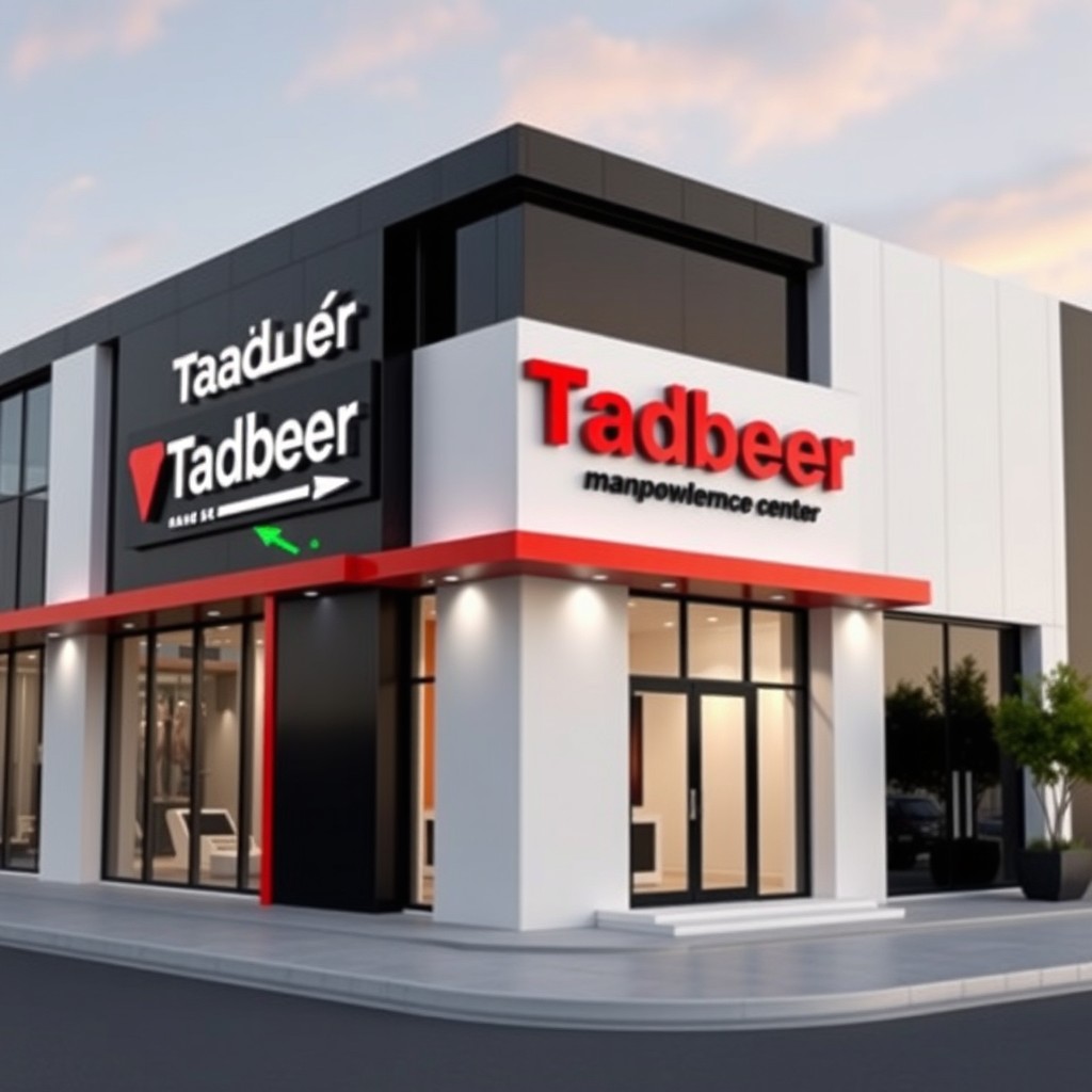 A modern design of a building exterior, transformed into a Tadbeer/manpower services center