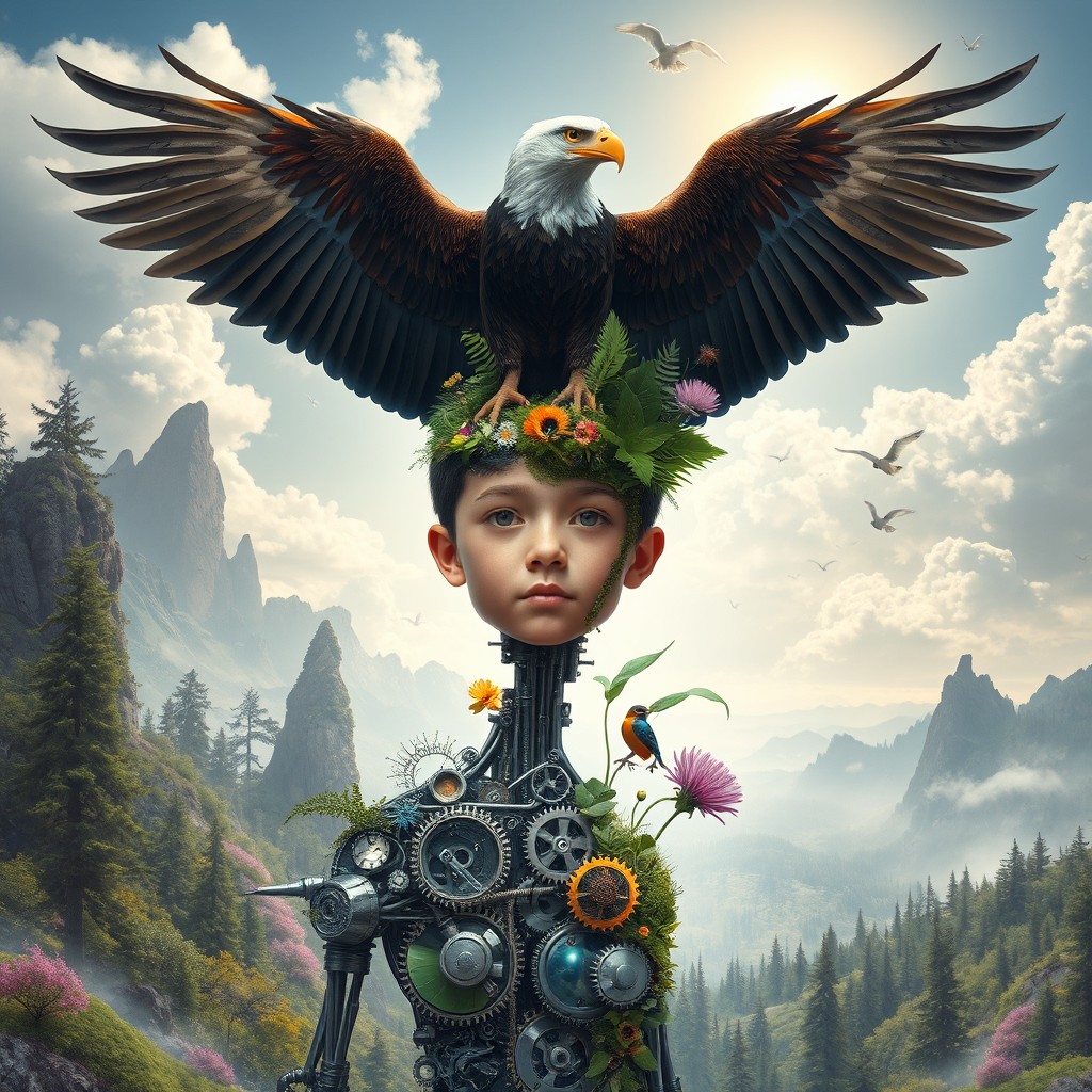 A surrealistic artwork depicting a boy whose body is transformed into a fusion of half machine and half nature
